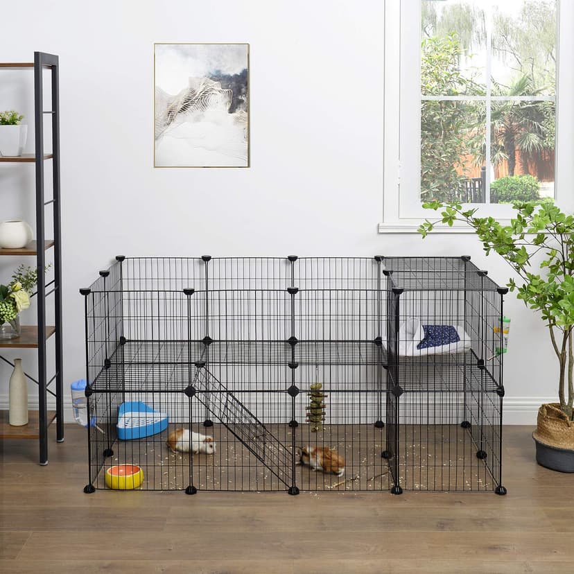 SONGMICS Pet Enclosure, LPI02H, 2 Levels, Modular Enclosure for Small Animals, Hamsters, Rabbits, Guinea Pigs, Mesh Panels, Indoor Use, 143 x 73 x 71 cm, Black - 3