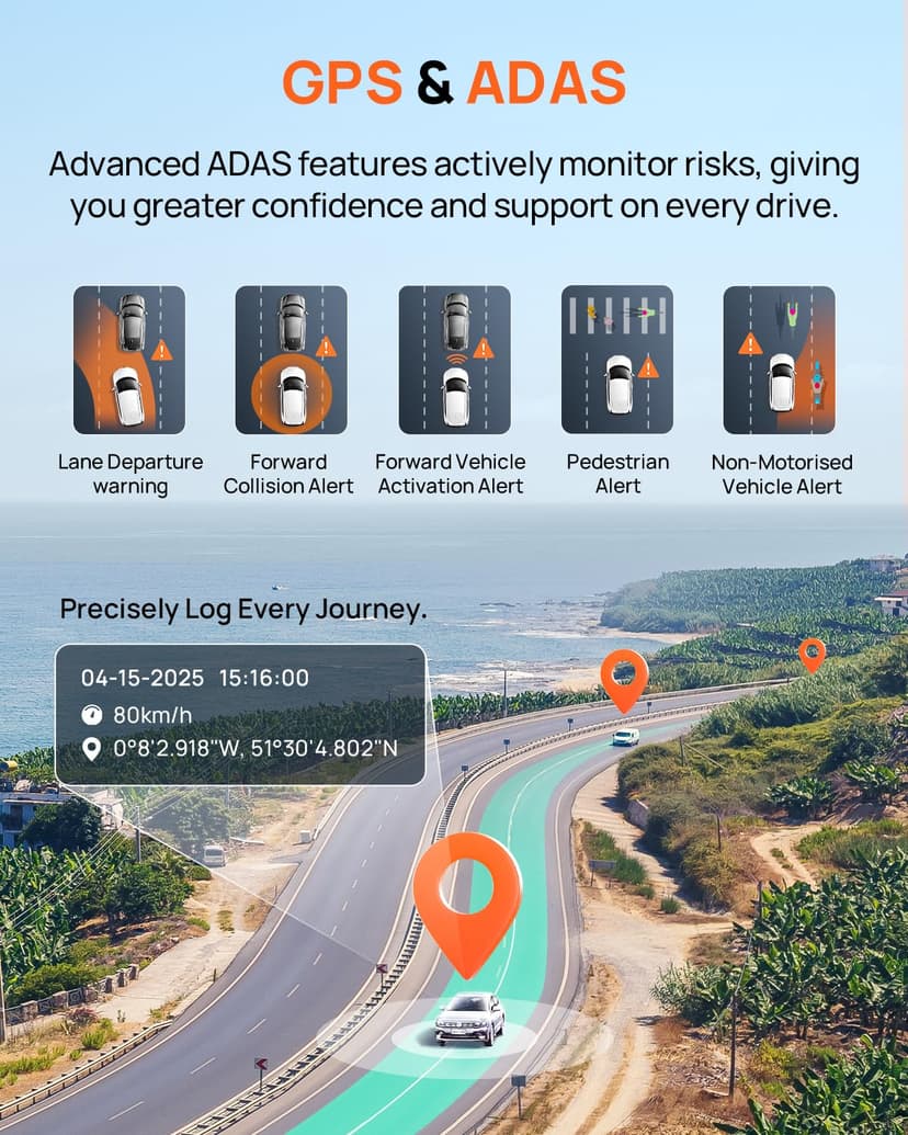 70mai A800SE Dash Cam Car Front Rear 4K UHD+1080P with GPS WiFi, Dual Car Camera with 128GB SD Card, F1.55 Aperture HDR, Night Vision, ADAS, 3 "IPS, 24/7 Parking Monitoring, Supports 512 GB Max - 7