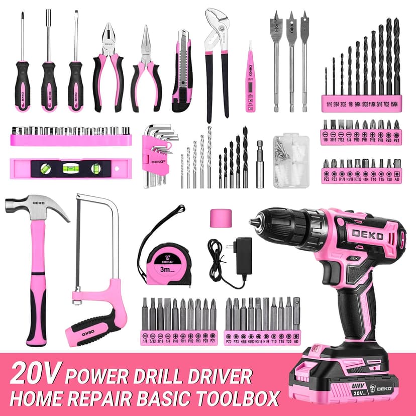 DEKO Complete Electric Tool Box 186 Pieces Pink with 20V Cordless Electric Drill, 10 mm Chuck without Key, Professional DIY Household Tool Box for Offices and Gardens - 2
