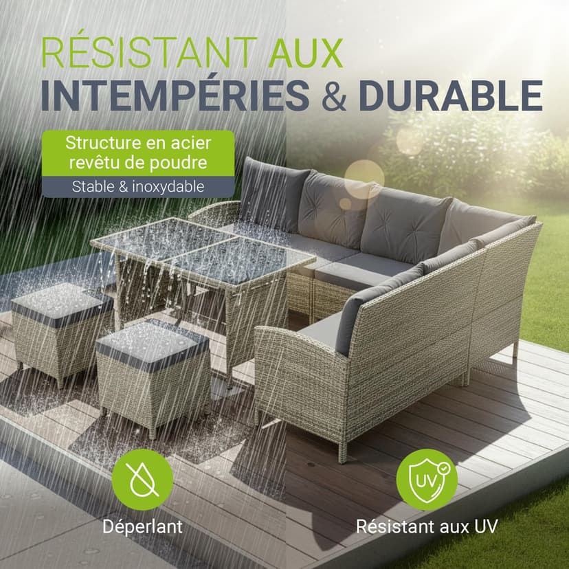 Juskys Salon de Jardin Lounge Manacor en polyrotin Gris moucheté - avec canapé, Table, 2 tabourets et Coussins - Ensemble de Meubles de Jardin jusqu'à 7 Personnes - Housses Grise - 3