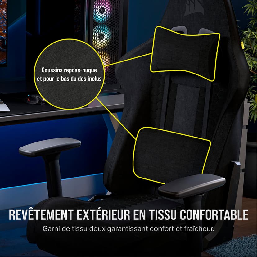 Corsair TC100 Relaxed Fauteuil Gaming - Tissu - Design Inspiré des Sports Automobiles - Coussin Lombaire - Coussin Repose-Nuque Détachable en Mousse à Mémoire de Forme - Noir - 4