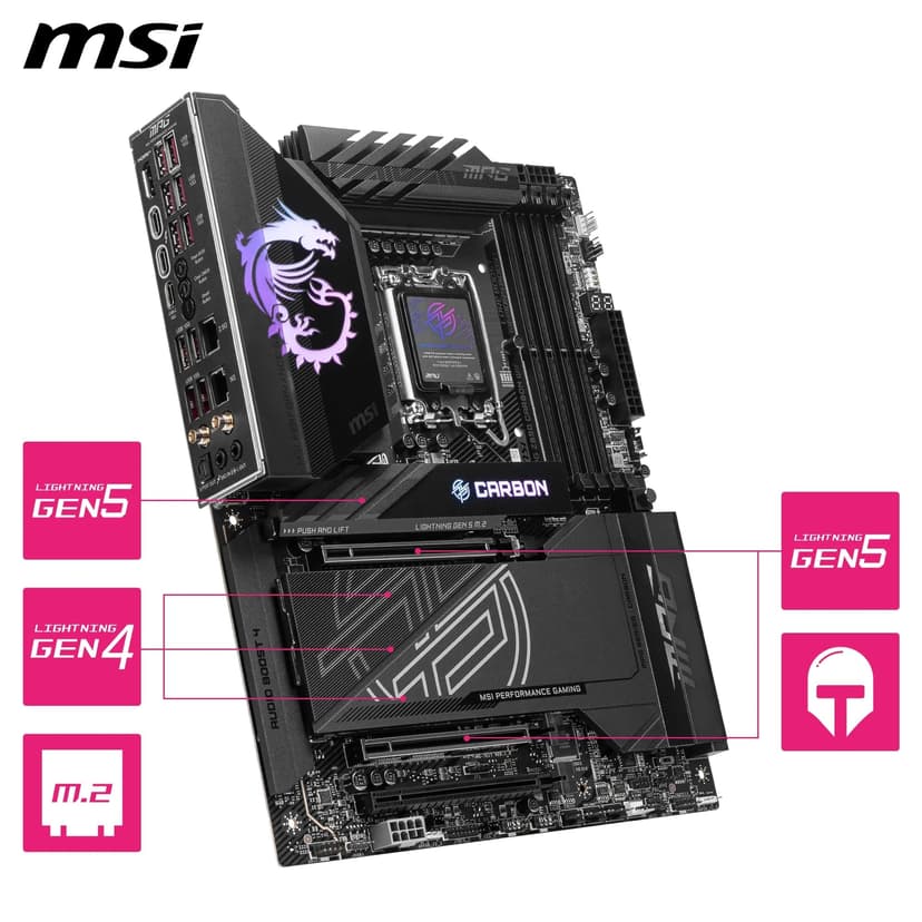 MSI MPG Z890 CARBON WIFI Motherboard, ATX - Supports Intel Core Ultra Processors (Series 2), LGA 1851-110A SPS VRM, DDR5 Memory Boost 9200+ MT/s (OC), PCIe 5.0 x16 & 4.0 x16, M.2 Gen5, Wi-Fi 7, 5G L - 5