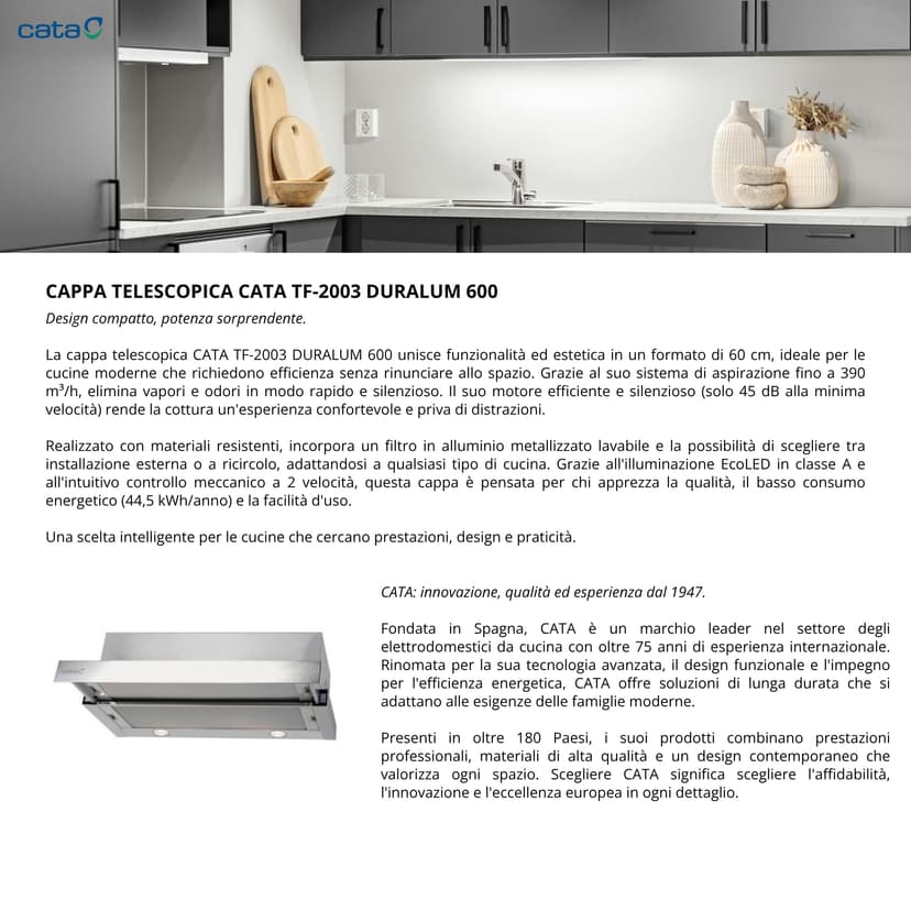 CATA | Extractor Hood | TF 2003 Model DURALUM 60 | 2 Extraction speeds | Cooker Hood 390m3/h - 150m3/h | Stainless Steel Finish - 6