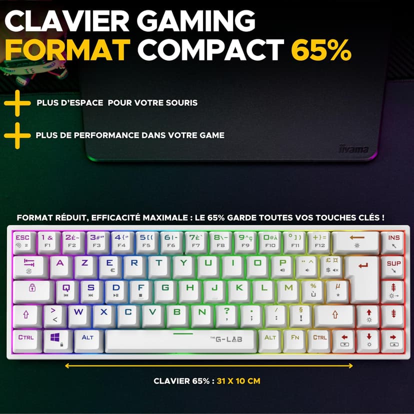 The G-Lab - Keyz Titanium - Gamer Keyboard White 65% AZERTY USB - Mechanical Switch Keyboard Red - RGB 100% Customizable, Anti-Ghosting, Programmable Macro - for PC, PS4, PS5, Xbox - New (White) - 3