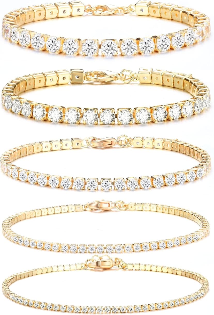 Dochais 3-5 Pieces Tennis Bracelet Women's Gold Silver Diamond Bracelet Women's Bracelet Cubic Zirconia Glitter Bracelet Women's Bracelet Women's Rhinestone for Women Girls Mother Wife Gift - 1