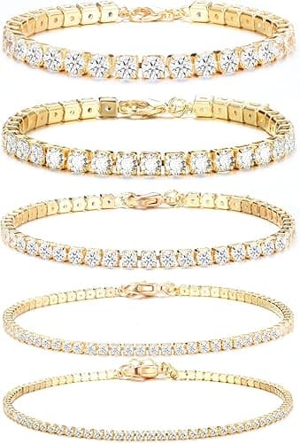 Dochais 3-5 Pieces Tennis Bracelet Women's Gold Silver Diamond Bracelet Women's Bracelet Cubic Zirconia Glitter Bracelet Women's Bracelet Women's Rhinestone for Women Girls Mother Wife Gift
