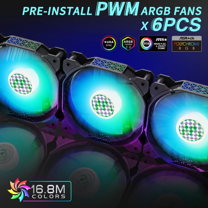 MUSETEX ATX PC Case Pre-Install 6 PWM ARGB Fans, Polygonal Mesh Computer Gaming Case, Opening Tempered Glass Side Panel Mid-Tower Case, USB 3.0 x 2, Black, NN8 - 2