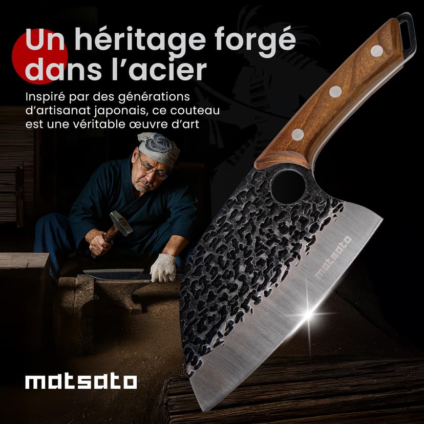 Matsato Couperet de Cuisine Professionnel – Couteau Hachoir en Acier Inoxydable avec Poignée en Bois Carbonisé, Lame de Précision pour Découpe Viande, Volaille, Légumes et Os - 6