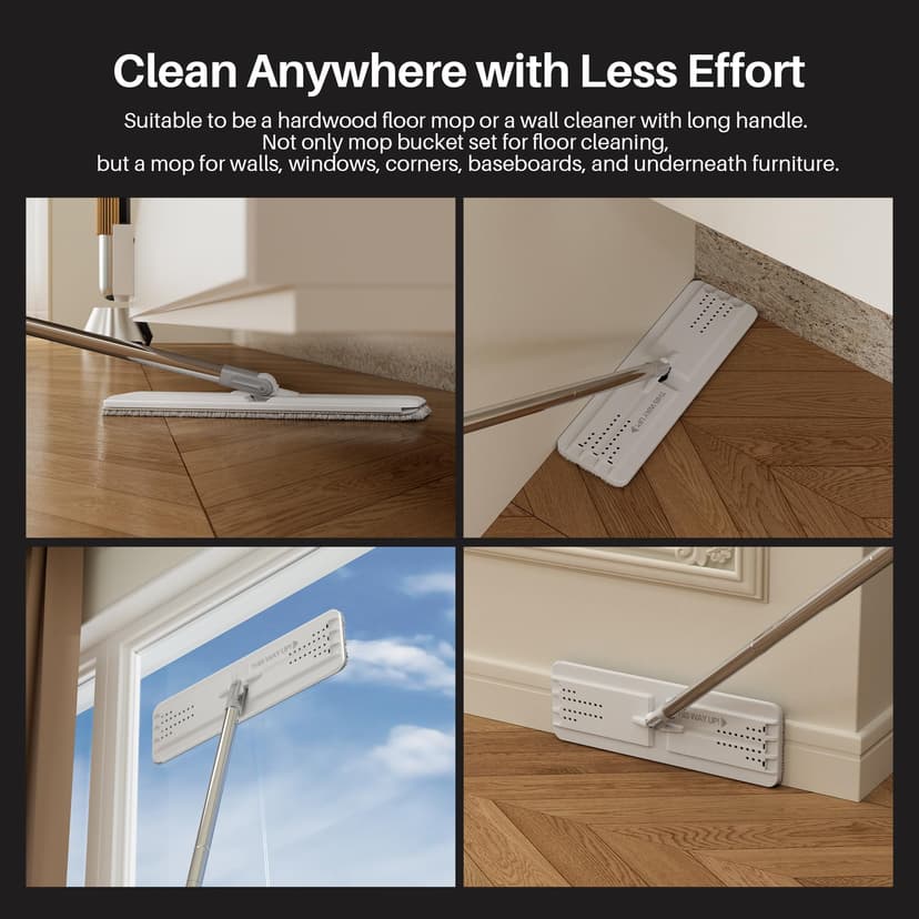JOYMOOP – Serpillère plate et seau avec essoreur, avec 3 lingettes en microfibre lavables, utilisation humide et sèche, système de nettoyage du sol - 4