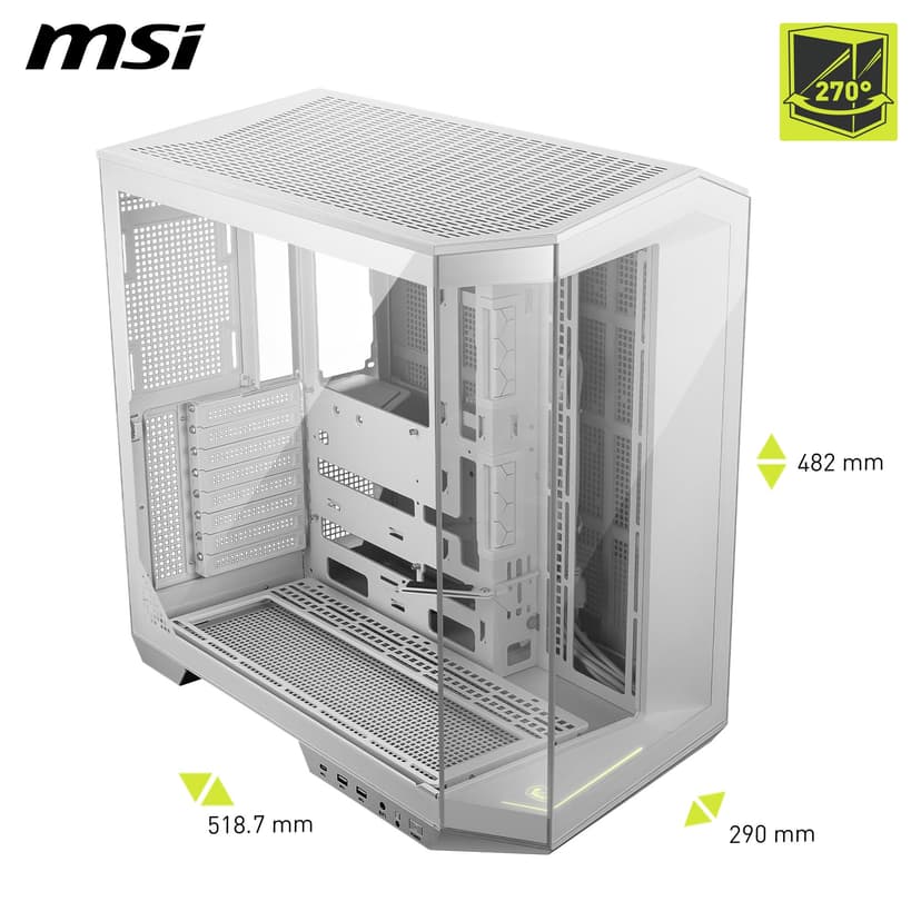 MSI MAG PANO 100L PZ WHITE ATX PC Case - ATX Capacity, Verical GPU Installation Bracket, GPU Holder, Dust Filters, Swinging Storage Bracket, Dual-chamber, USB 20Gbps Type-C - 2
