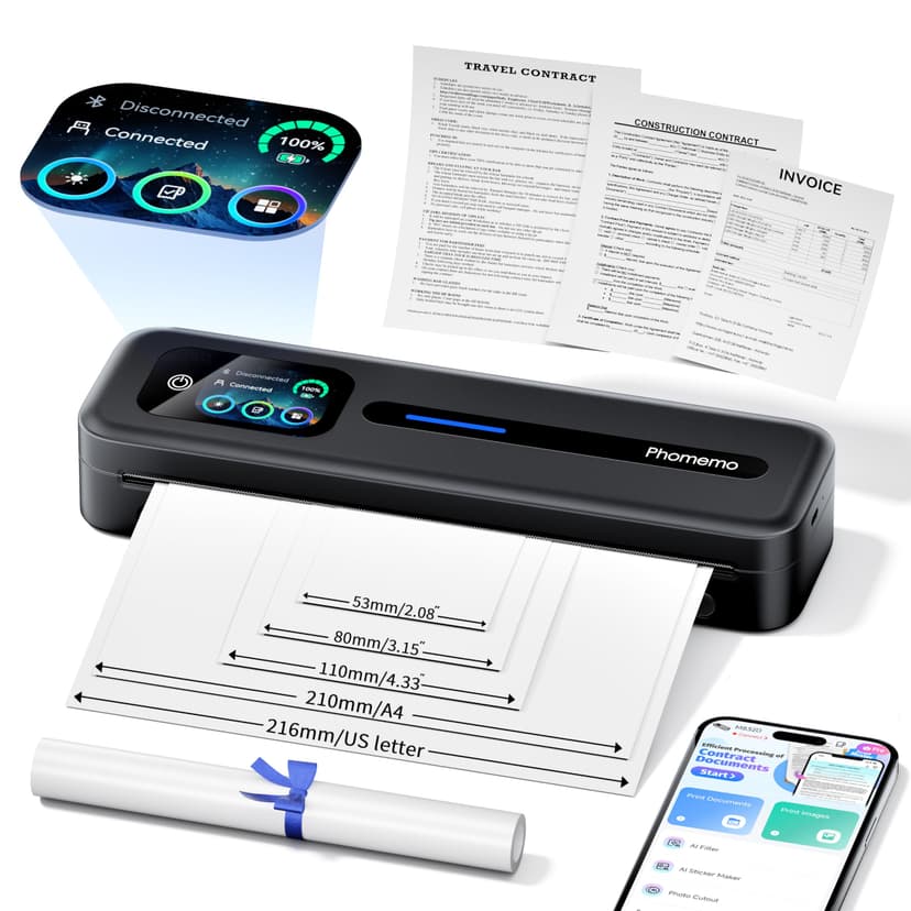 Phomemo M832D Portable Thermal Printer, A4 Touchscreen Bluetooth Inkless Printer for Home & Office, 300dpi Mobile Printers Compatible with Phone & Laptop, Wireless Printers for Business Trip, School - 1