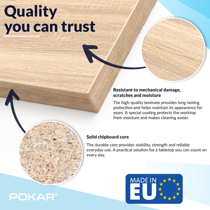 POKAR Table Top 140x80 cm | Desk Top 25 mm Thick | Perfect for Height Adjustable Standing Desk or Dining Table DIY | Durable Laminated Table Top | Made in Europe | Gold Craft Oak - 2