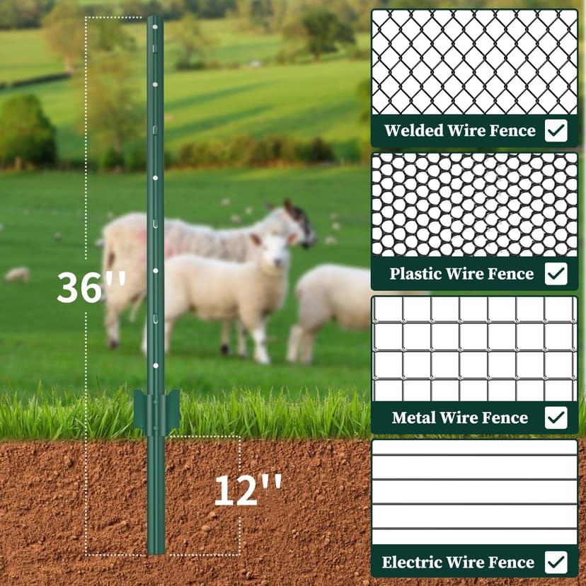 sptchapn 91cm / 3ft Strong and Durable Metal Fence Post, Pack of 5 for Garden Patio and Outdoor Wires U-Fence Post Green T-Posts (5) - 2
