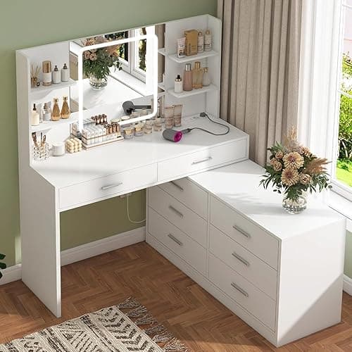 TEENFON Dressing Table with LED Light Mirror & Power Outlet, Vanity Table Makeup Desk with 8 Drawers and 6 Storage Shelves, 3 Color Modes & Adjustable Brightness Vanity desk, L Shape Change, White