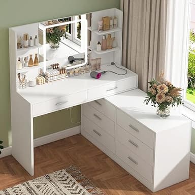 TEENFON Dressing Table with LED Light Mirror & Power Outl…