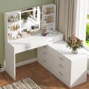 TEENFON Dressing Table with LED Light Mirror & Power Outlet, Vanity Table Makeup Desk with 8 Drawers and 6 Storage Shelves, 3 Color Modes & Adjustable Brightness Vanity desk, L Shape Change, White - 1