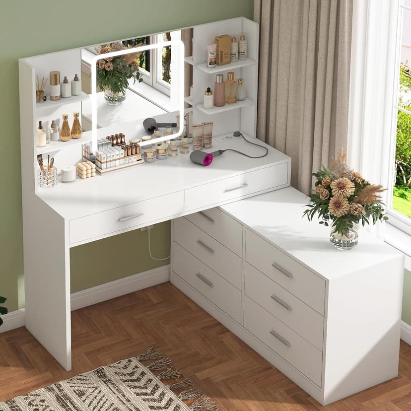 TEENFON Dressing Table with LED Light Mirror & Power Outlet, Vanity Table Makeup Desk with 8 Drawers and 6 Storage Shelves, 3 Color Modes & Adjustable Brightness Vanity desk, L Shape Change, White - 1