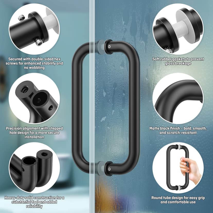 Ranbo Shower Glass Door Handle, 203mm (8 Inch) Hole Centres, Matt Black, 304 Stainless Steel, 1.0mm Thick Tube, Fits 6–12mm (1/4"–1/2") Glass, for Bathroom Door Installation or Replacement. - 3