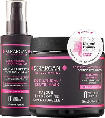 Kerargan - Duo Mask and Serum with Keratin for Damaged and Stressed Hair - Strengthens, Nourishes and Protects - No Sulphates, GMO, Mineral Oils - 500 ml + 100 ml