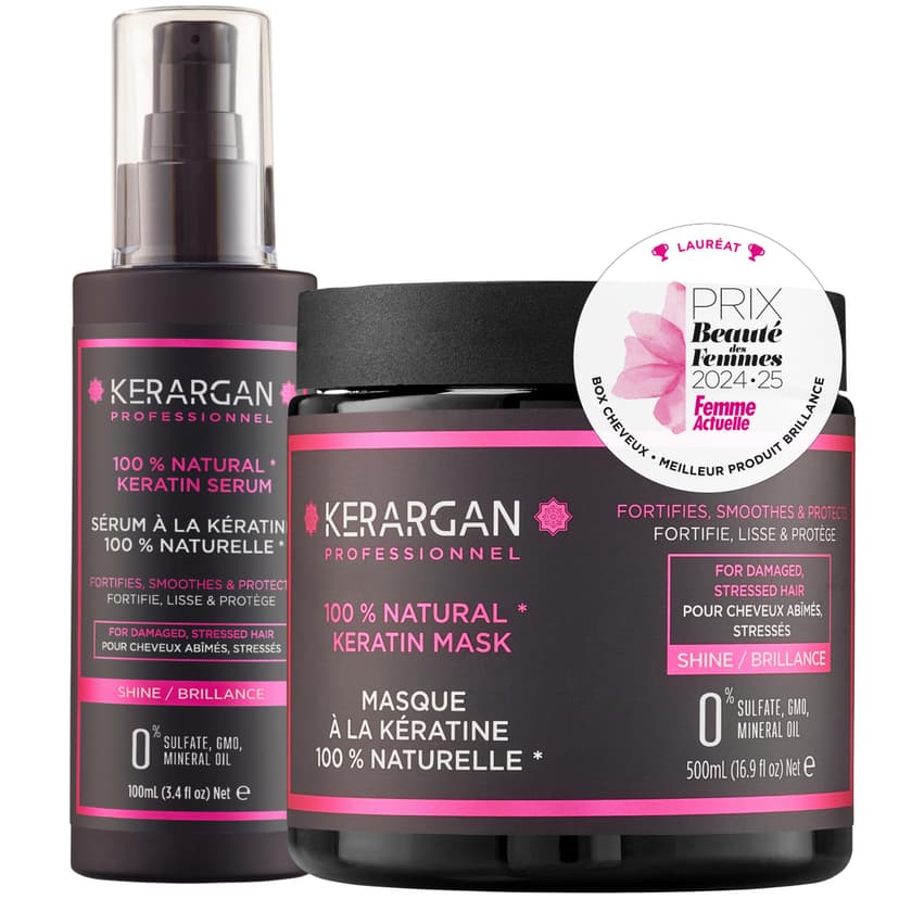 Kerargan - Duo Mask and Serum with Keratin for Damaged and Stressed Hair - Strengthens, Nourishes and Protects - No Sulphates, GMO, Mineral Oils - 500 ml + 100 ml - 1
