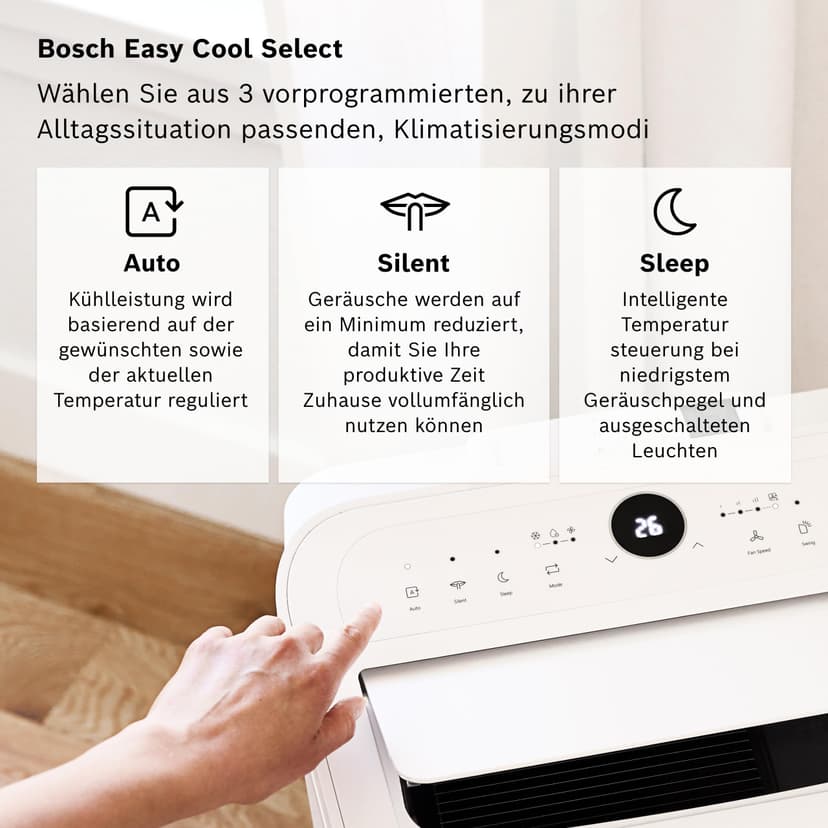 Bosch Cool 4000 Portable AC - 3-in-1: Air conditioning, dehumidifier, fan - 2.6 kW for rooms up to 35 m² - With automatic mode, silent mode & sleep mode (48 db (A)) [Energy class A+]. - 3