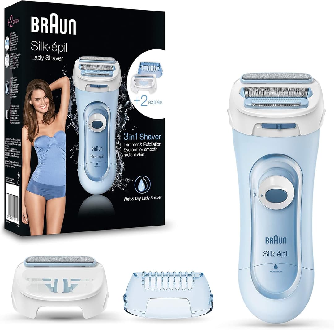 Braun Silk-pil 5 Lady Shaver, 3-in-1 Electric Shaver, Trimmer and Exfoliation System, Wet & Dry, Includes Rechargeable Battery, UK 2 Pin Plug, 5-160, Blue