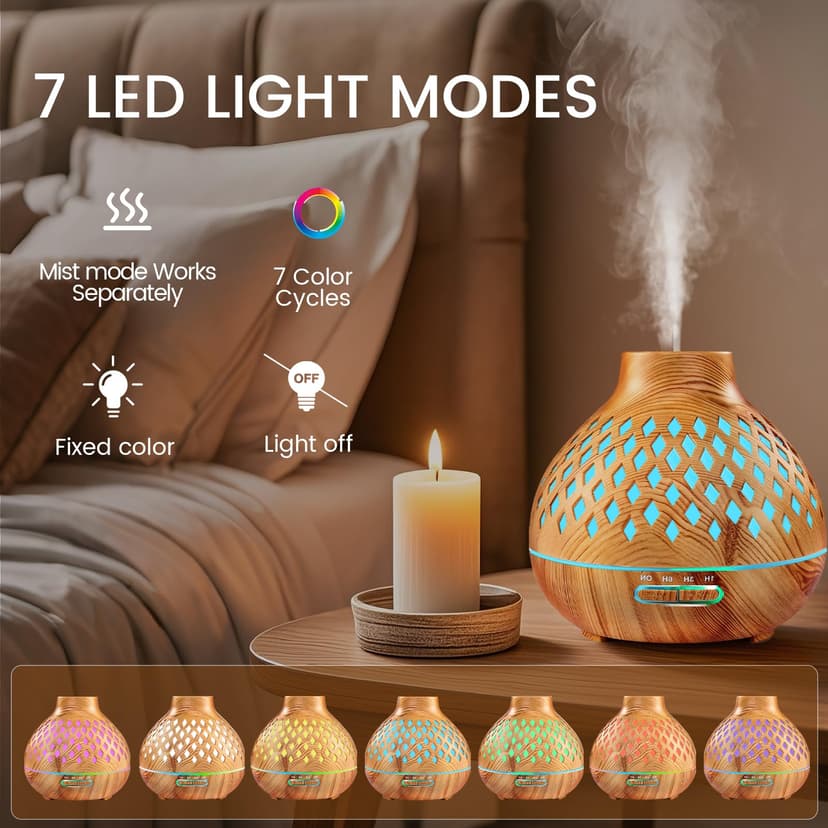 AESHORY Diffuseur d'huiles Essentielles 550ML, Diffuseur de Parfum avec 12x5ML Huiles Essentielles, Humidificateur Ultrasonique avec 7 Couleurs Lumières LED, Arrêt Automatique, pour Maison, Yoga, Spa - 4