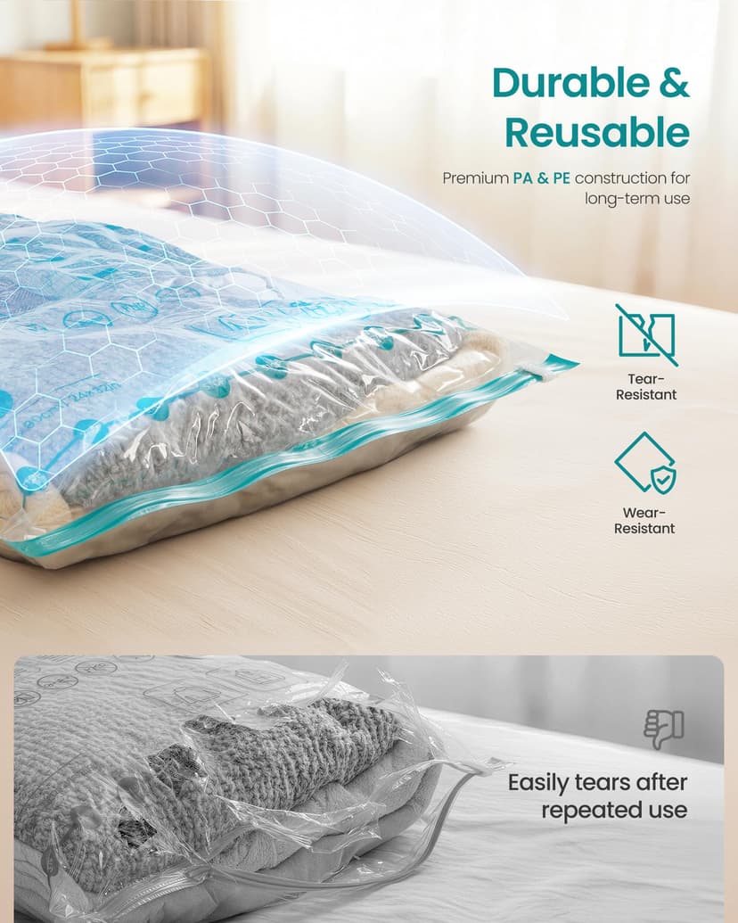 SONGMICS Vacuum Storage Bags, Vacuum Seal Suction Bags for Clothes Bedding Travel, Space Saver Reusable, with Hand Pump, 8 Pack, 2M/3L/3J, Transparent LVB105W101 - 6