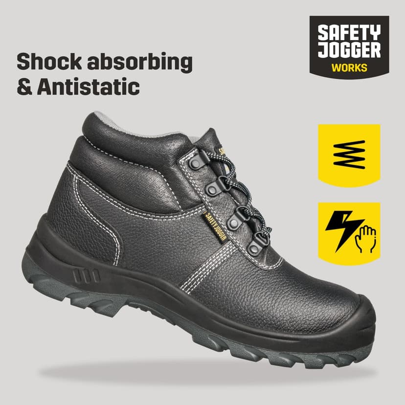 SAFETY JOGGER Safety Boot - BESTBOY - Steel Toe Cap S3/S1P Work Shoe for Men or Women, Anti Slip Puncture Resistant Steel Sole, Shock Absorbing, Water and Oil Repellant Safety Shoe, UK 9 EU 43, Black Leather - 7