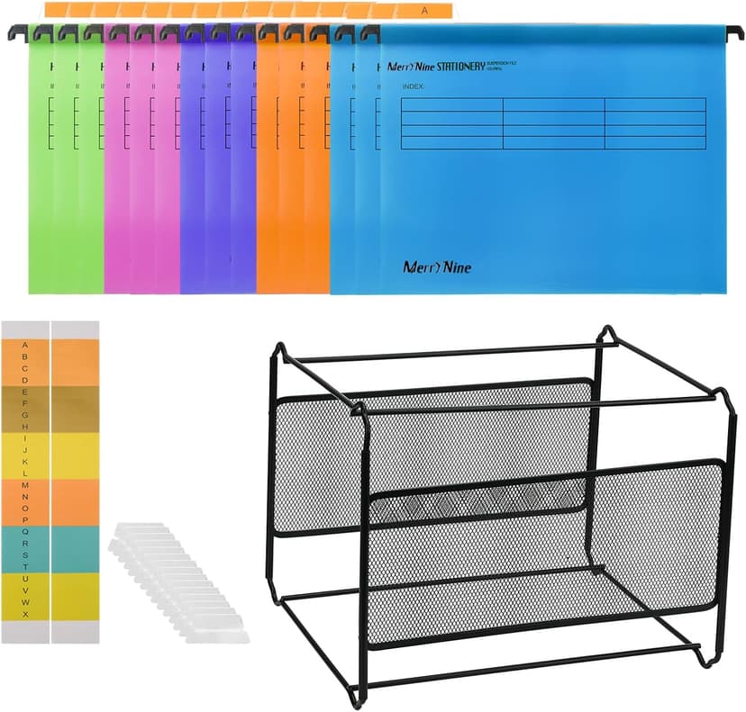 MerryNine Suspension Files and Frame, A4 Suspension Files 15PCS 5 Color with Tabs and Card，Black Metal Mesh A4 Suspension File Frame Desktop Hanging File Folder Organiser - 1