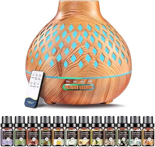 AESHORY Diffuseur d'huiles Essentielles 550ML, Diffuseur de Parfum avec 12x5ML Huiles Essentielles, Humidificateur Ultrasonique avec 7 Couleurs Lumières LED, Arrêt Automatique, pour Maison, Yoga, Spa