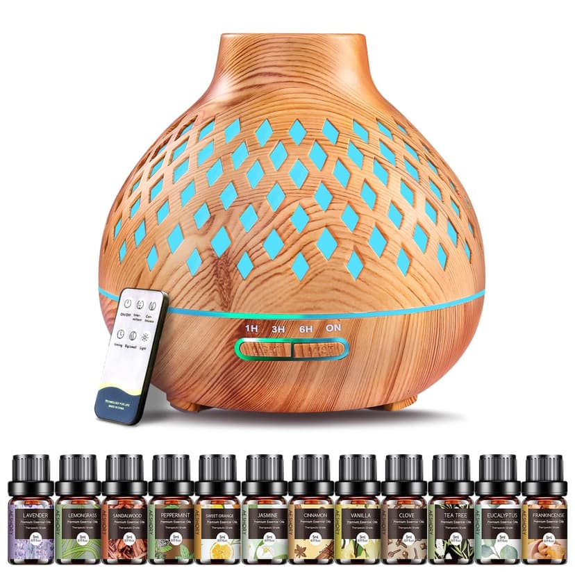 AESHORY Diffuseur d'huiles Essentielles 550ML, Diffuseur de Parfum avec 12x5ML Huiles Essentielles, Humidificateur Ultrasonique avec 7 Couleurs Lumières LED, Arrêt Automatique, pour Maison, Yoga, Spa - 1