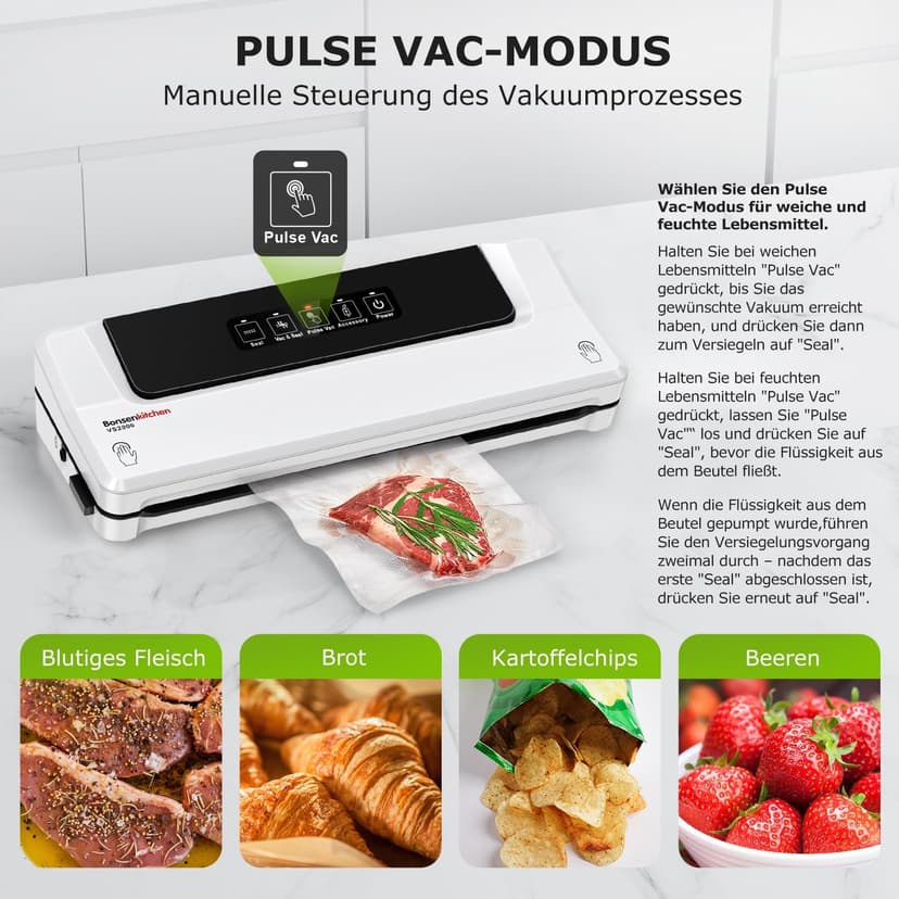 Bonsenkitchen Vacuum Sealer, Continuous High-Speed Vacuum Sealer, Food Sealing Machine, Includes 5 Vacuum Bags and Hose (White) - 4