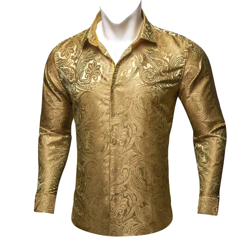 Barry.Wang Chemise habillée en soie pour homme - Motif cachemire floral - Manches longues - Grande et grande taille - Pour fête de mariage - Chemises décontractées et formelles, Cachemire doré, S - 5
