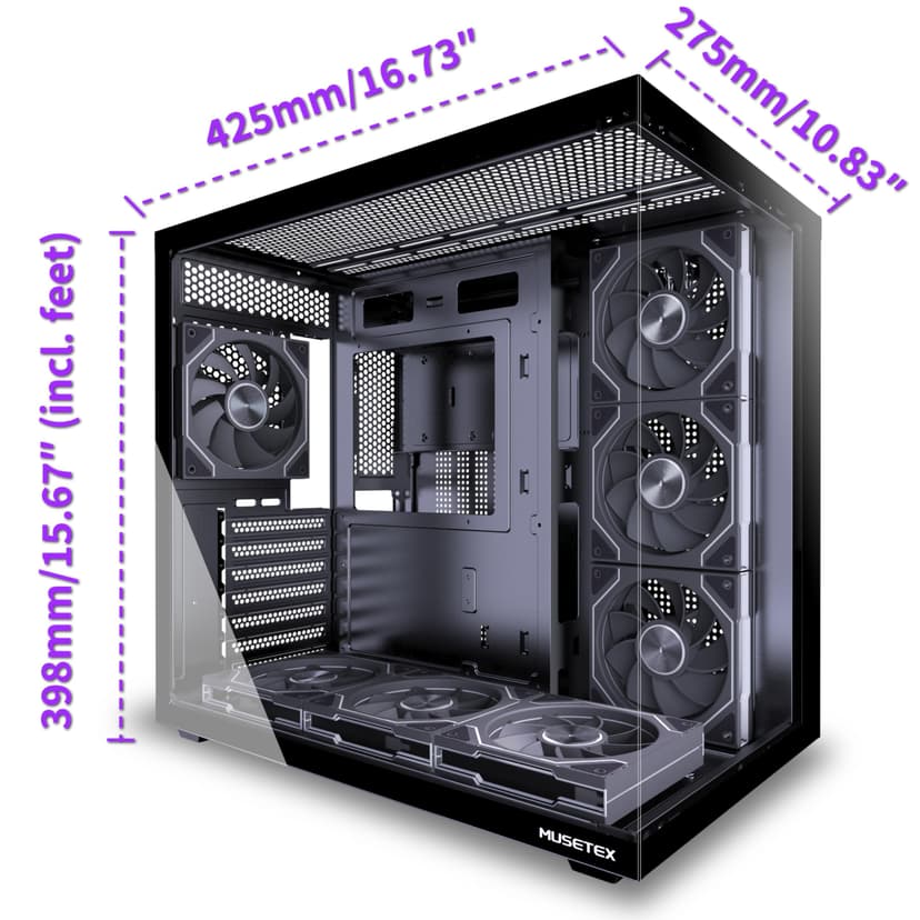 MUSETEX Y6 PC Case Pre-Installation 7 Infinity Mirror PWM ARGB Fan, ATX Mid Tower Computer Case, Gaming PC Case with Type-C, 270° Full View Tempered Glass, Black - 7
