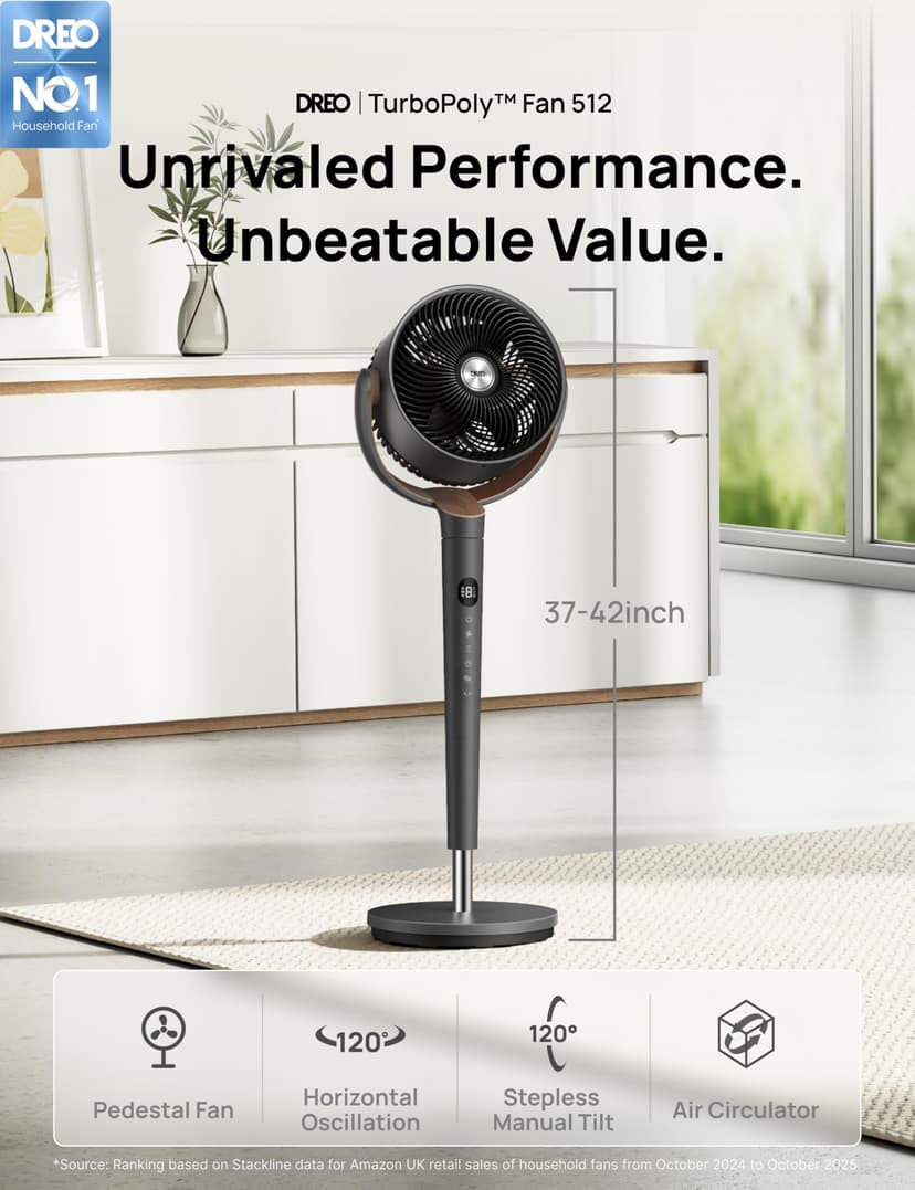 Dreo Fan for Bedroom, 120° Oscillating Standing Pedestal Fan, DC Motor, 80ft Air Circulator for Whole Room, 8 Speeds, 3 modes, 120° Manual Vertical Tilt, Quiet, 23dB, 35-40" Adjustable Height, Timer - 2