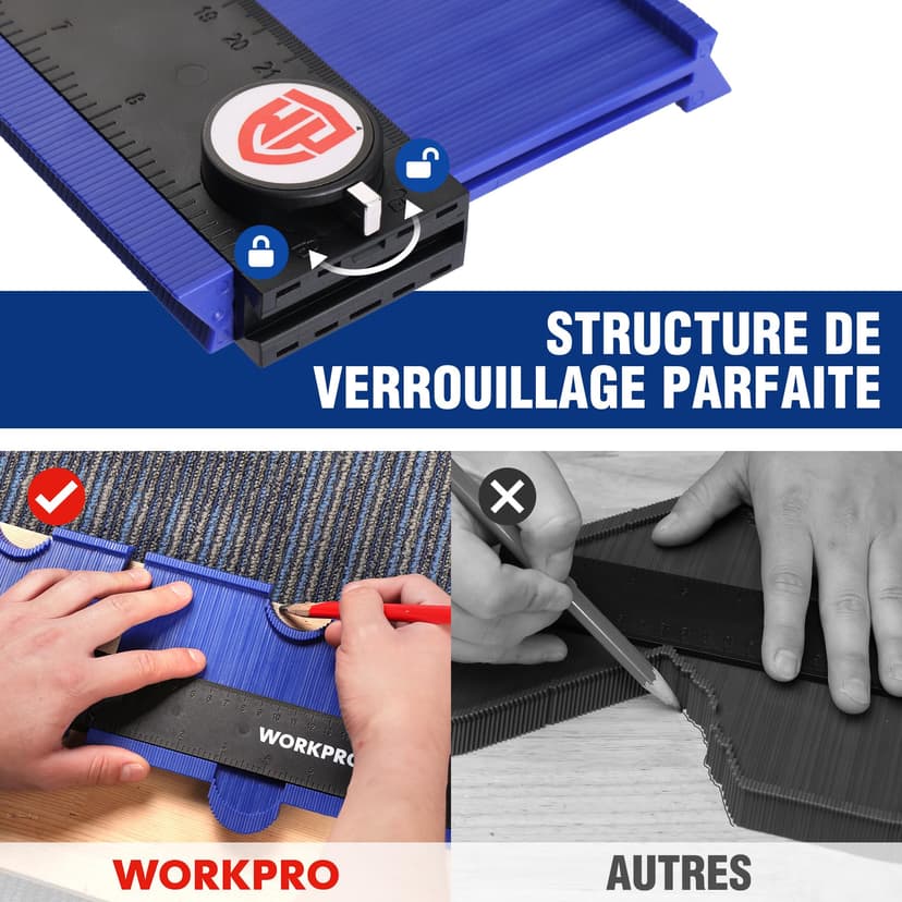 WORKPRO Jauge de Contour Connectable 25+25 cm, Duplicateur de Profil avec Verrouillage, Copie Précise des Formes Irrégulières, Outil de Traçage pour Menuiserie, Parquet, Moquette et Carrelage - 3