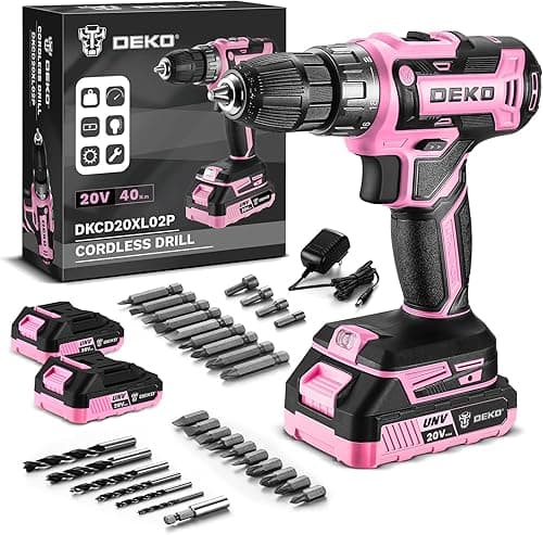 DEKOPRO Cordless Drill 20 V Pink Electric Screwdriver - Pink Screwdriver for Women - Complete Kit with 2 x 1.5Ah Batteries and Charger