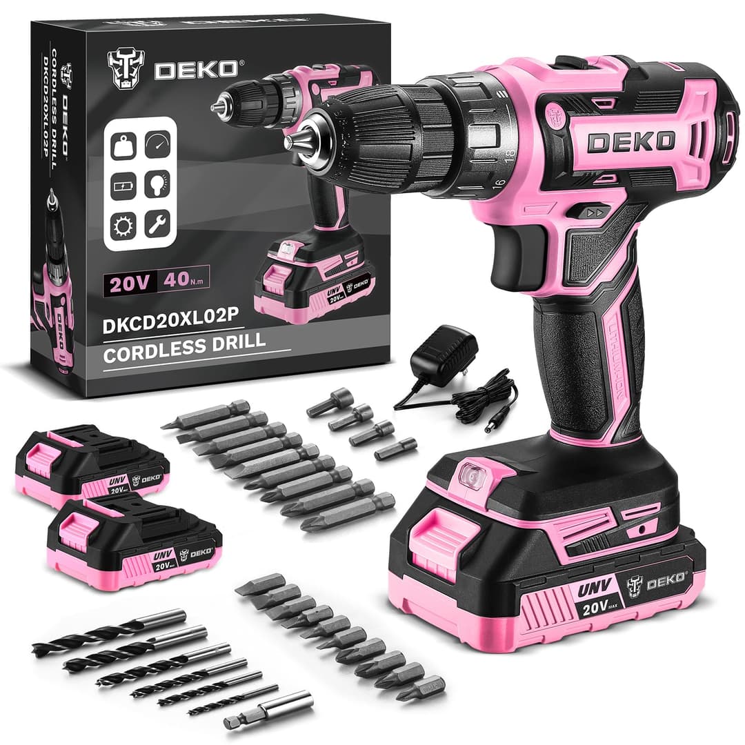 DEKOPRO Cordless Drill 20 V Pink Electric Screwdriver - Pink Screwdriver for Women - Complete Kit with 2 x 1.5Ah Batteries and Charger