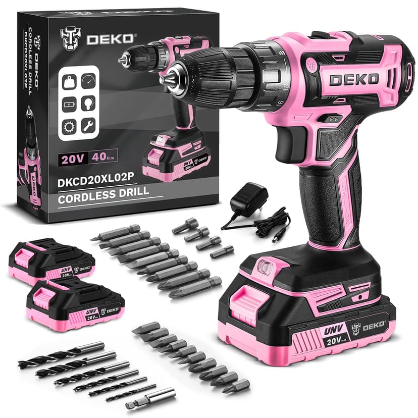 DEKOPRO Cordless Drill 20 V Pink Electric Screwdriver - Pink Screwdriver for Women - Complete Kit with 2 x 1.5Ah Batteries and Charger - 1