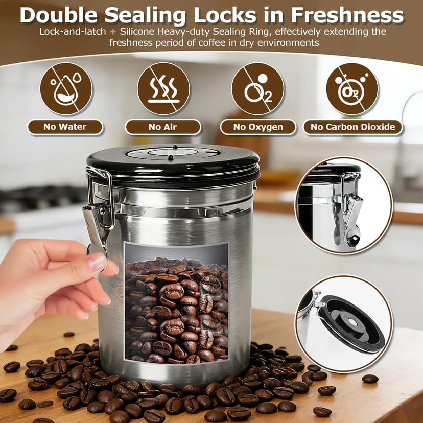 BUCOMTU 1,8 L Boîte à Café Hermétique en Acier Inoxydable avec Cuillère à Mesurer, Boîte à Conservation Hermétique, pour Café en Grains, Café Moulu, Noix, Sucre, Céréales - 6
