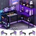 iSunirm L Shaped Gaming Desk with Power Outlets & LED Lights, Small L- Shaped Computer Corner Desk with Monitor Stand & Storage Shelf, Gaming Table with Storage Bag, Black - 7