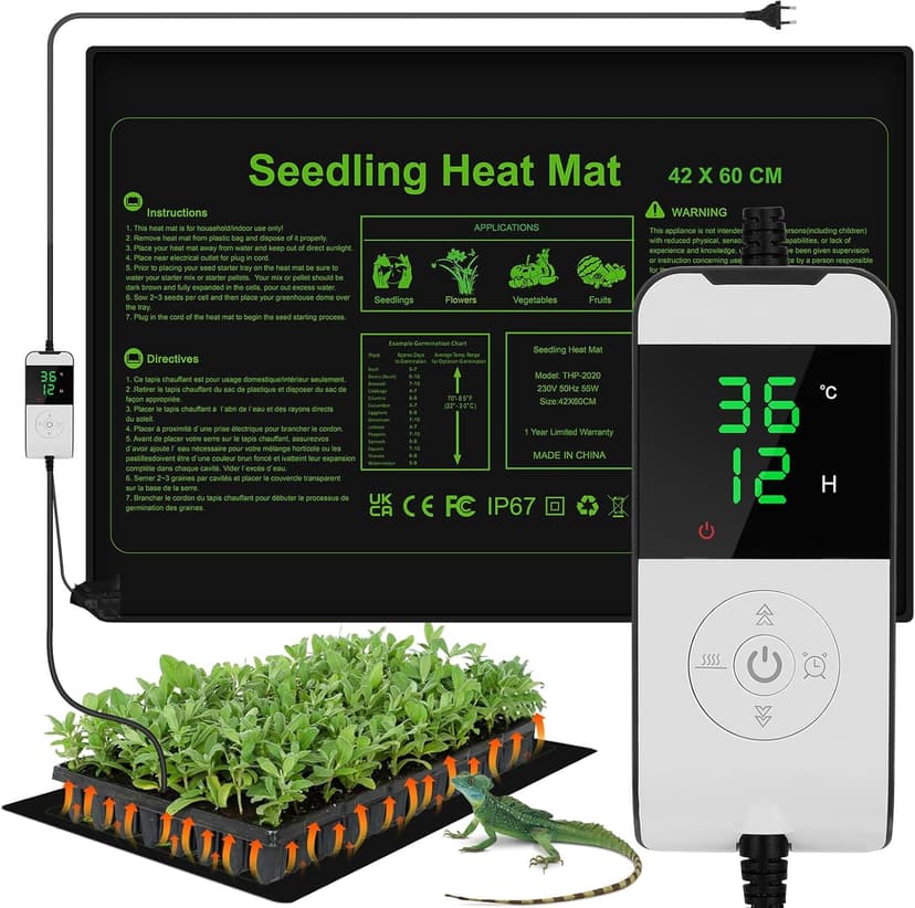 WADEO Tappetino Riscaldante Grande per Piante, [60 x 42cm] [Riscaldamento Continuo 24H] [55W], Tappetino Riscaldante Rettili con Termostato da 5 a 45°C & Funzione di Temporizzazione 0-12H - 1