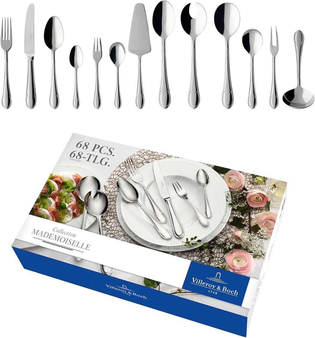 Villeroy & Boch – Mademoiselle Cutlery Set 68 Pieces for 12 People, Dishwasher Safe, Rustproof, Knife, Fork, Spoon, Luxury Cutlery Set, Dinner, 18/10 Stainless Steel