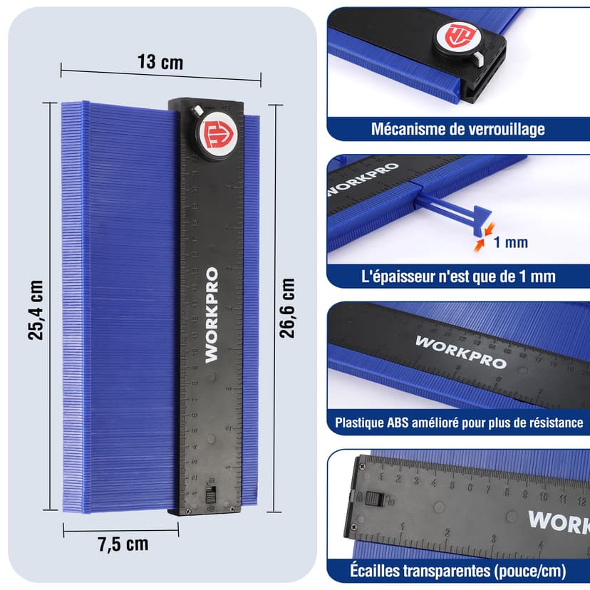 WORKPRO Jauge de Contour Connectable 25+25 cm, Duplicateur de Profil avec Verrouillage, Copie Précise des Formes Irrégulières, Outil de Traçage pour Menuiserie, Parquet, Moquette et Carrelage - 2