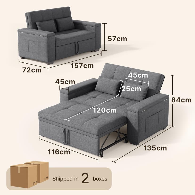 Xbro 2 Seater Convertible Sofa Bed 156 cm, Sofa with Storage and Adjustable Backrest 3 Positions, Compact Sofa for Living Room Studio Small Space, 156 x 74 x 84 cm (Dark Grey) - 2