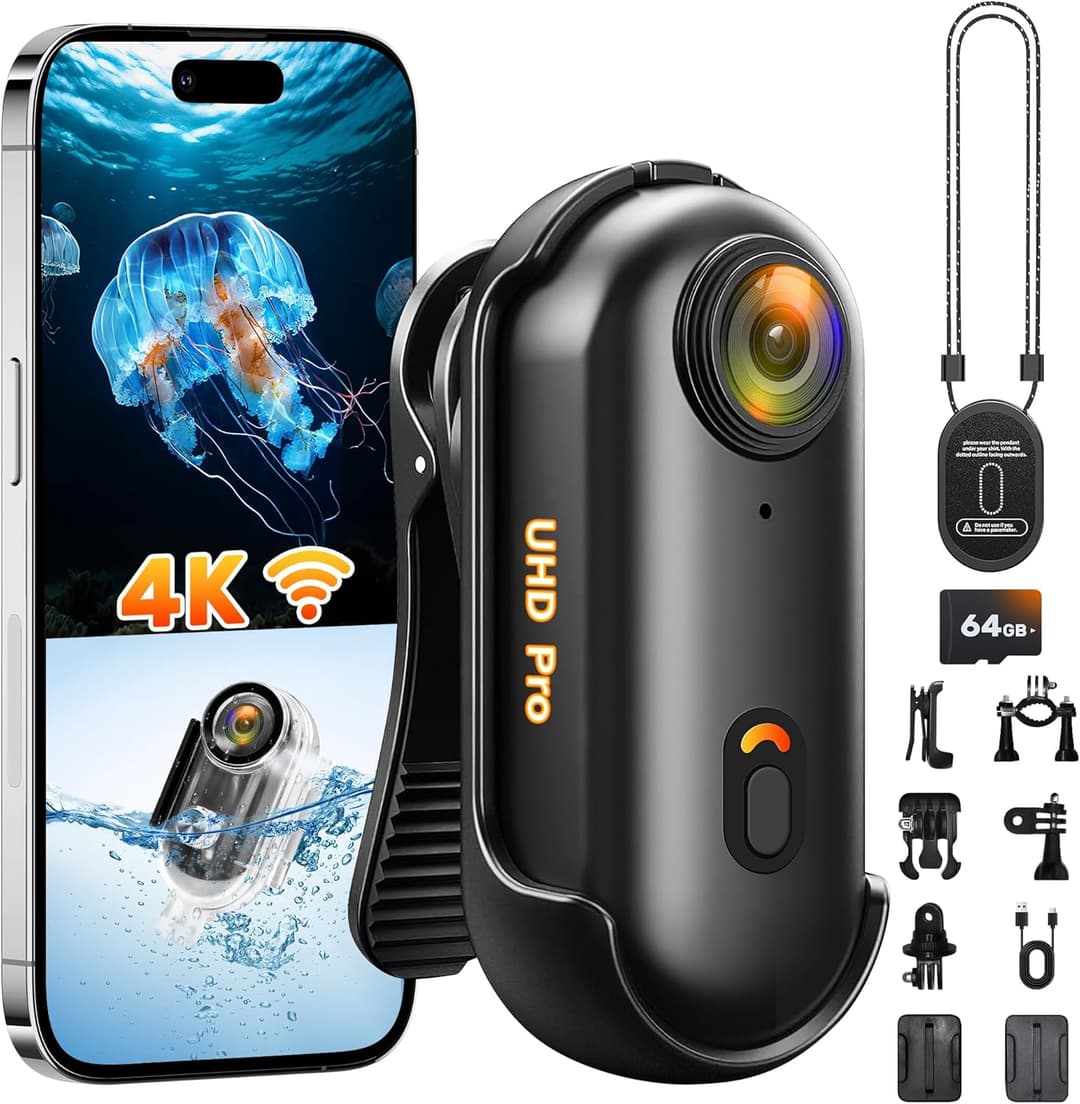 2026 nouvellement améliorée Caméra d'Action 4K(64GB),Mini Caméra Sport WiFi,Camera Pouce Étanche Portative,Mini Body Cam Velo Casque,Camera Piéton Caméra POV pour Motos Ski Surf Alpinisme Escalade