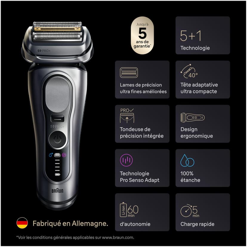 Braun Series 9 Pro + Electric Beard Razor, Wet & Dry, 5+1 Ultra Thin Precision Blades, Men's Beard Trimmer, Beard Razor, 60 Min Use, Extra Replacement Head, Charging Base, 9617PSI, Silver - 7