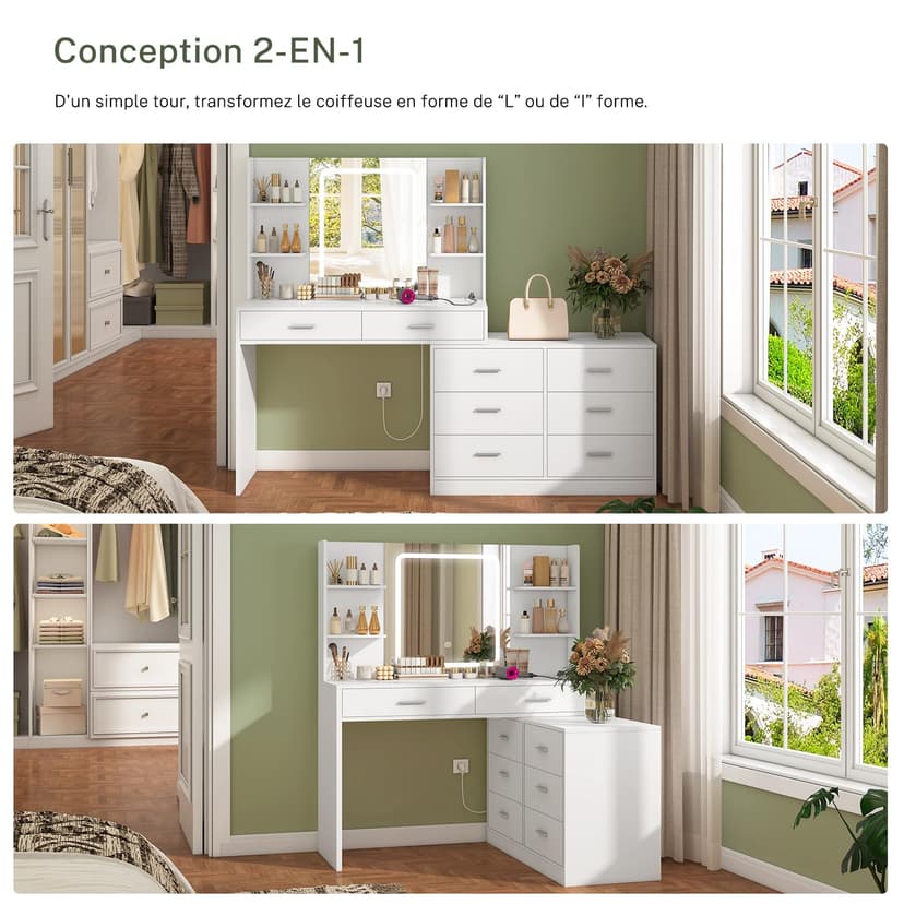 TEENFON Dressing Table with LED Light Mirror & Power Outlet, Vanity Table Makeup Desk with 8 Drawers and 6 Storage Shelves, 3 Color Modes & Adjustable Brightness Vanity desk, L Shape Change, White - 3
