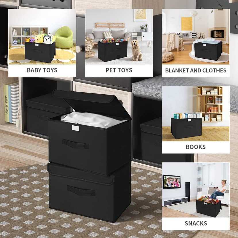 DIMJ Lot de 4 boîtes de rangement pliables avec couvercles, bacs de rangement pliables avec poignée, panier de rangement en tissu pour vêtements, jouets, livres - 4